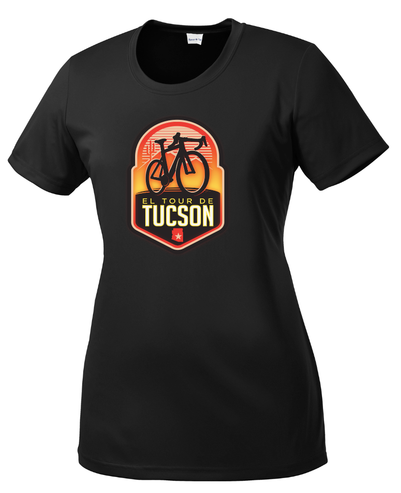 Ladies’ El Tour Performance T-shirt – Black/Sunburst “Sonoran Sunrise” Design