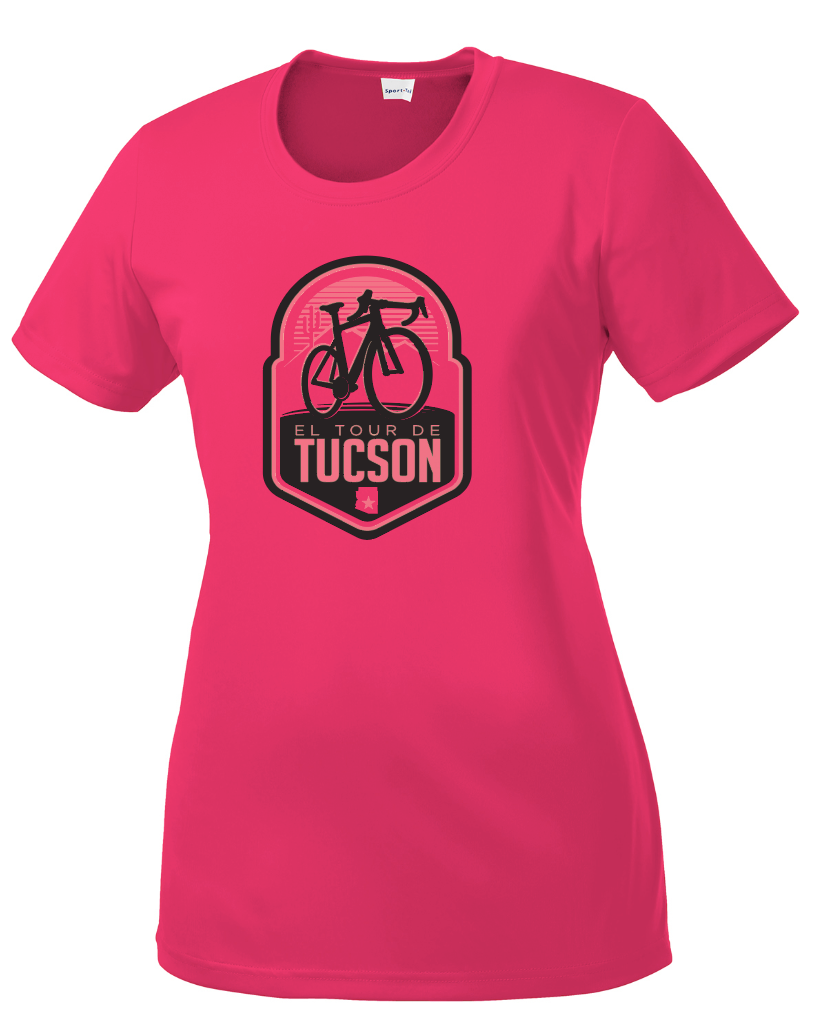 Ladies’ El Tour Performance T-shirt – Fuchsia “Sonoran Sunrise” Design