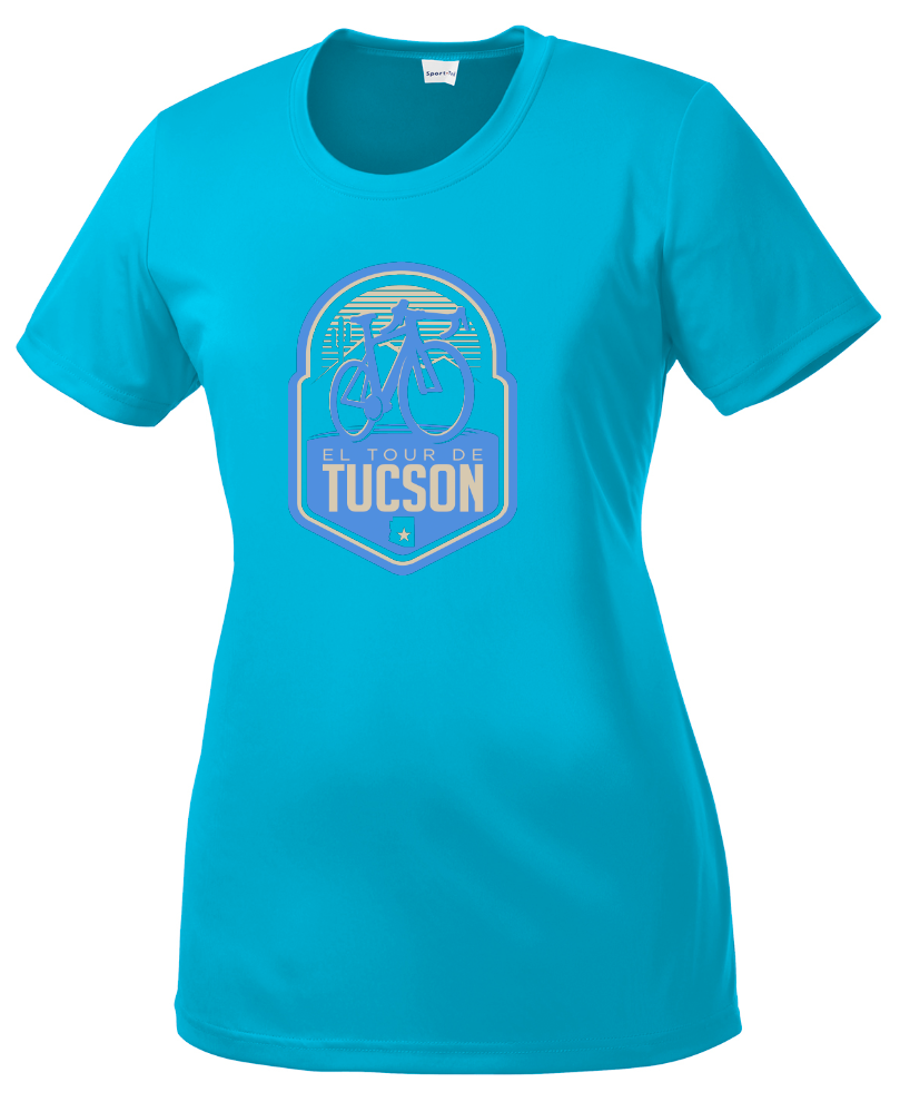 Ladies’ El Tour Performance T-shirt – Turquoise “Sonoran Sunrise” Design
