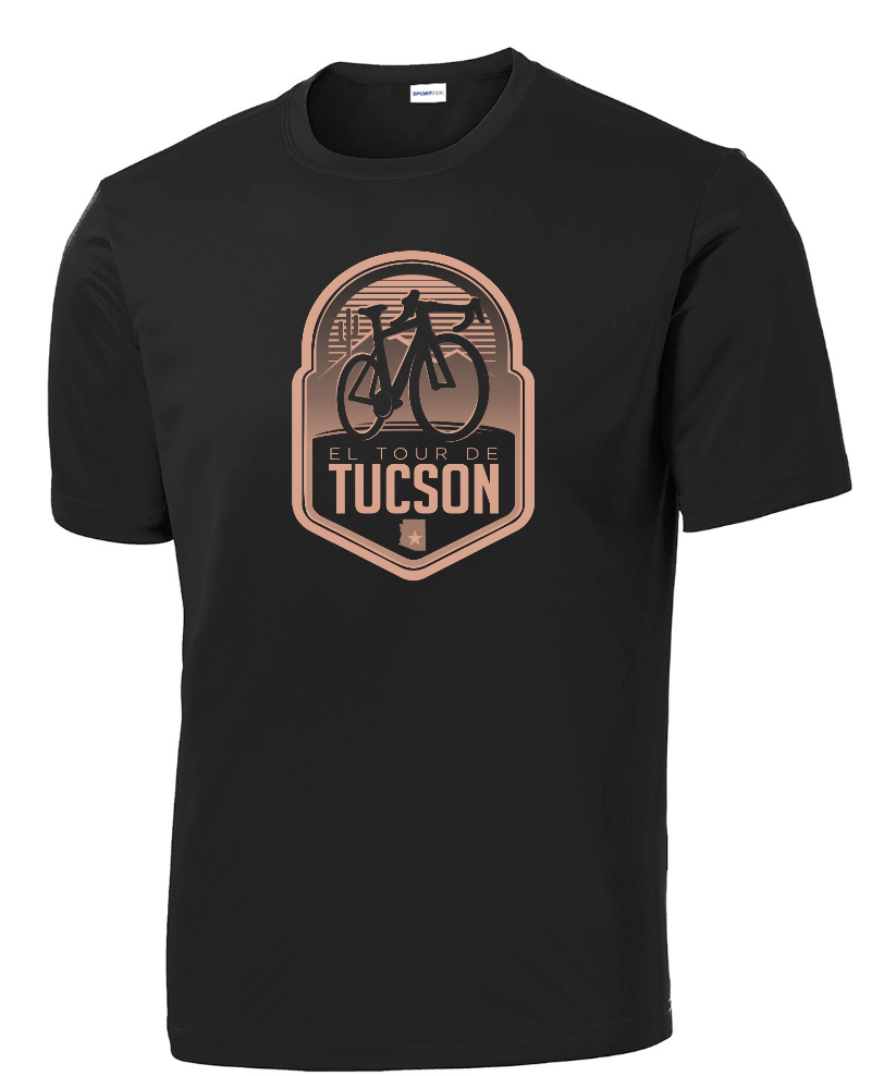 Men’s El Tour Performance T-shirt – Black/Copper “Sonoran Sunrise” Design